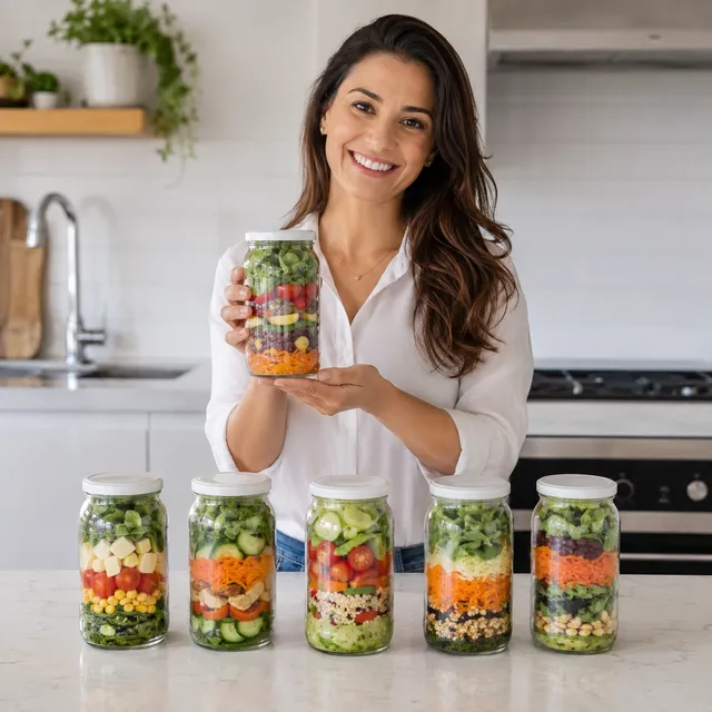 Mulher feliz preparando salada no pote